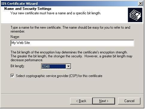 IIS Certyficate Wizard - name for the new certificate.
